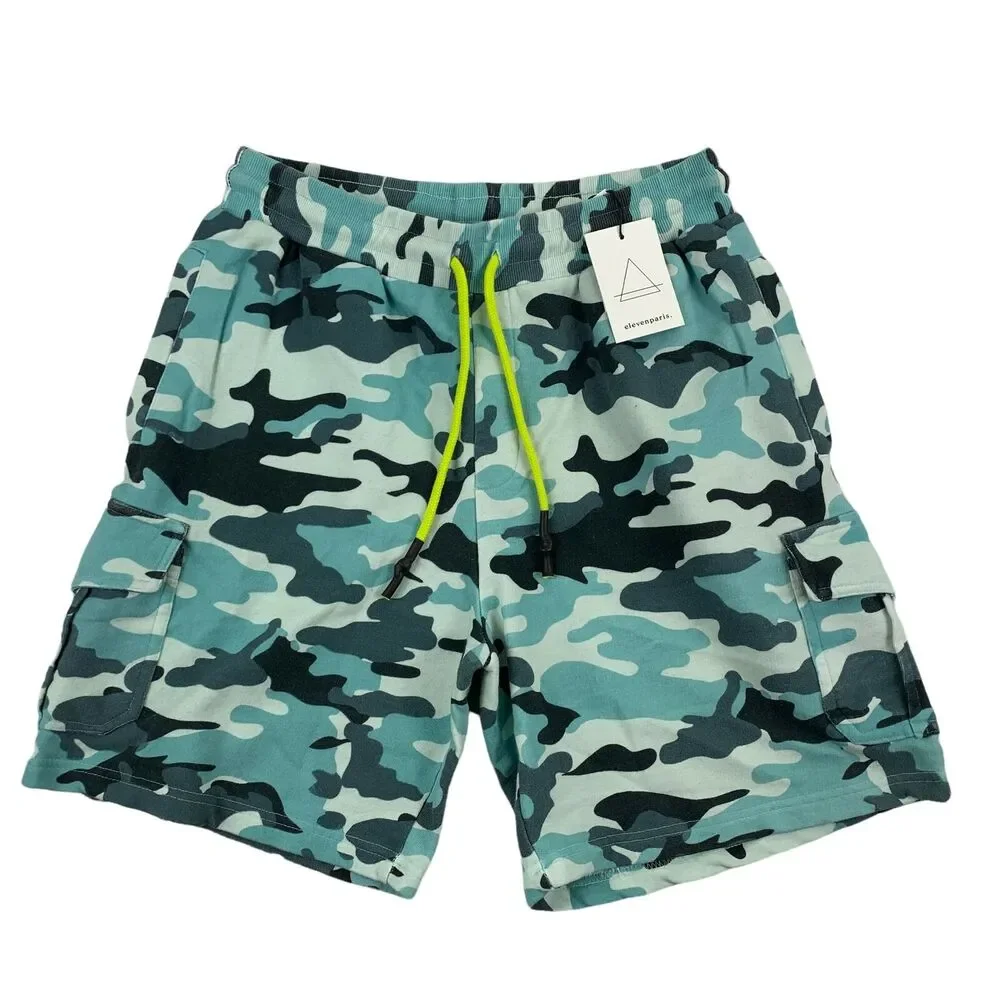 Eleven Paris Mens Camo Fleece Cargo Regular Fit Sweat Shorts Blue S